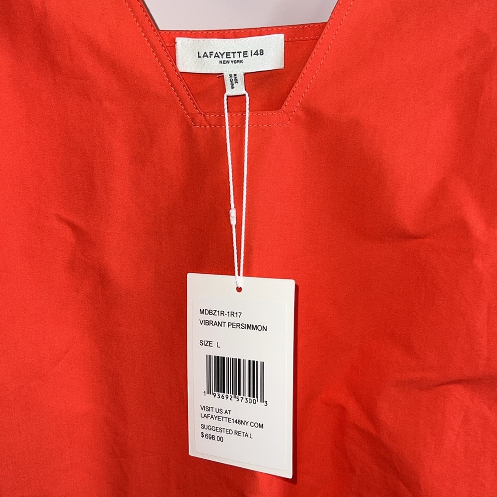 🧡NWT LAFAYETTE148NY HARPER COTTON POPLIN DRESS IN VIBRANT PERSIMMON SIZE L - Picture 11 of 13